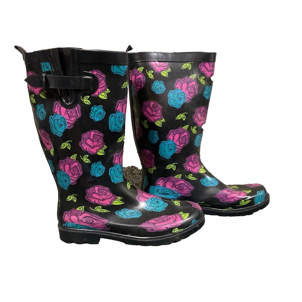 CAPELLI New York Women's Rubber Lined Black W Roses Gardening Rain Boots Sz 10